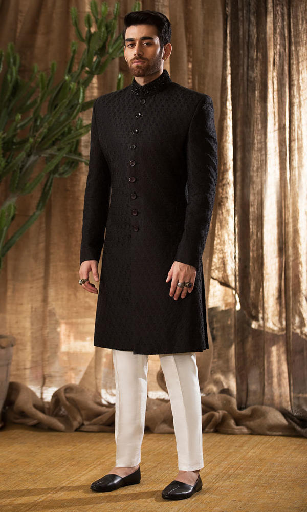 Black Handworked Embroidered Silk-Blend Sherwani (2-Piece) - Image 2