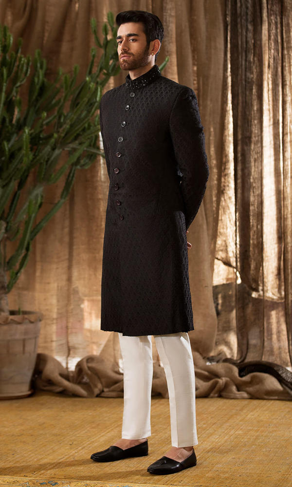 Black Handworked Embroidered Silk-Blend Sherwani (2-Piece) - Image 3