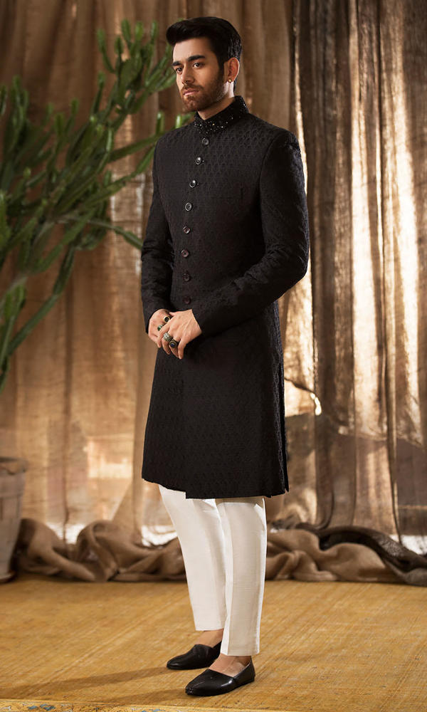 Black Handworked Embroidered Silk-Blend Sherwani (2-Piece) - Image 6