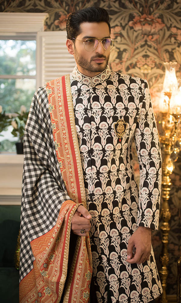 Black and White Embroidered Silk-Blend Sherwani (3-Piece) - Image 3