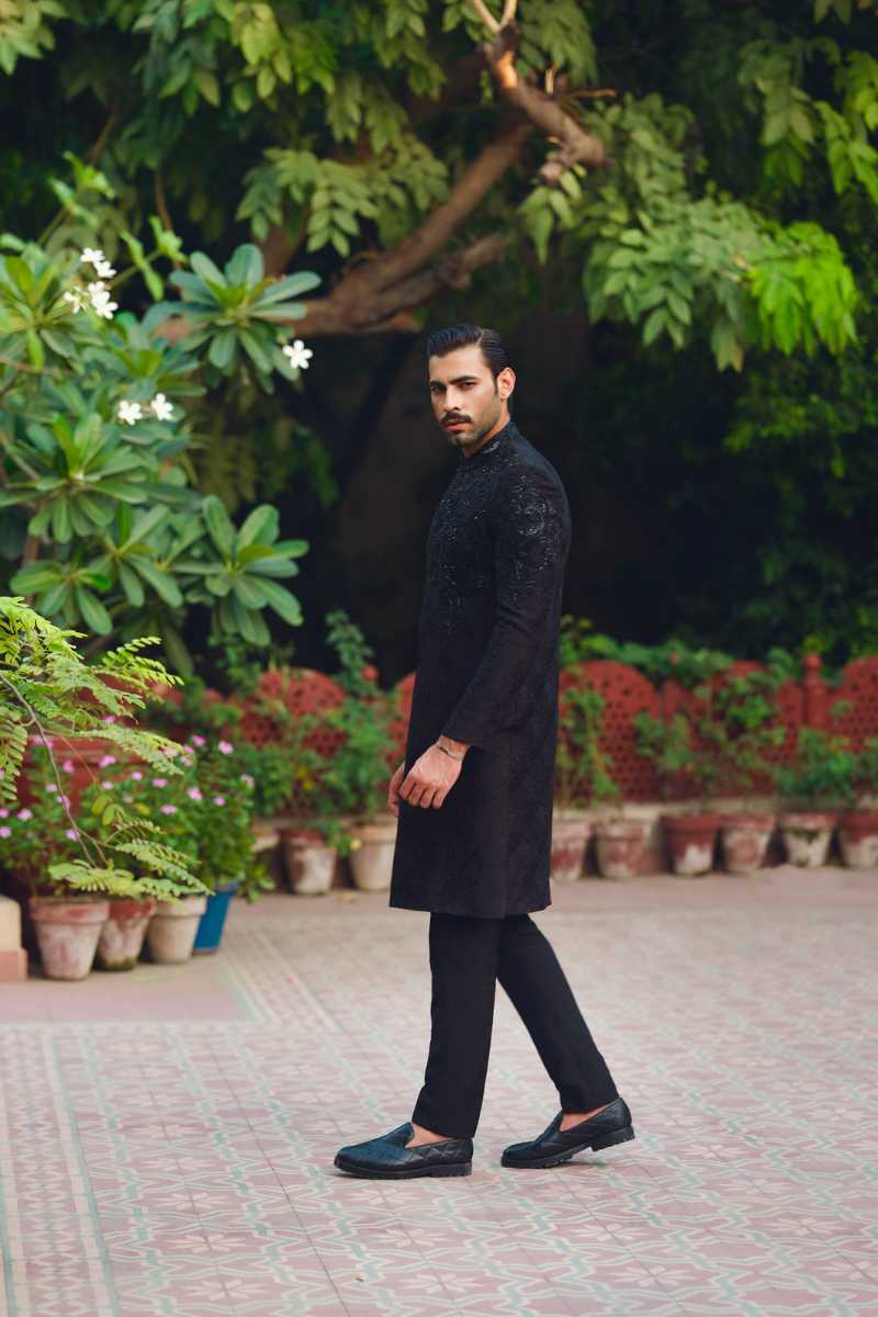 Black Self-Printed Silk-Blend Sherwani (2-Piece) - Image 1