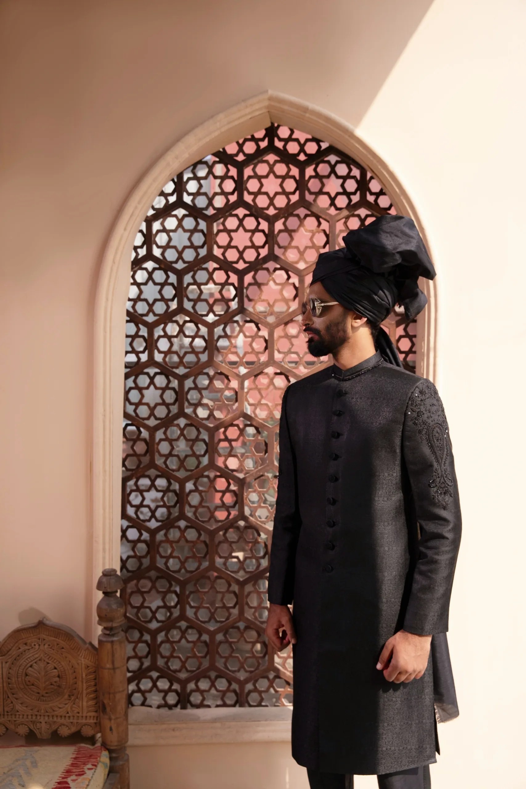 Black Cut Dana Embroidered Silk-Blend Sherwani (2-Piece) - Image 2