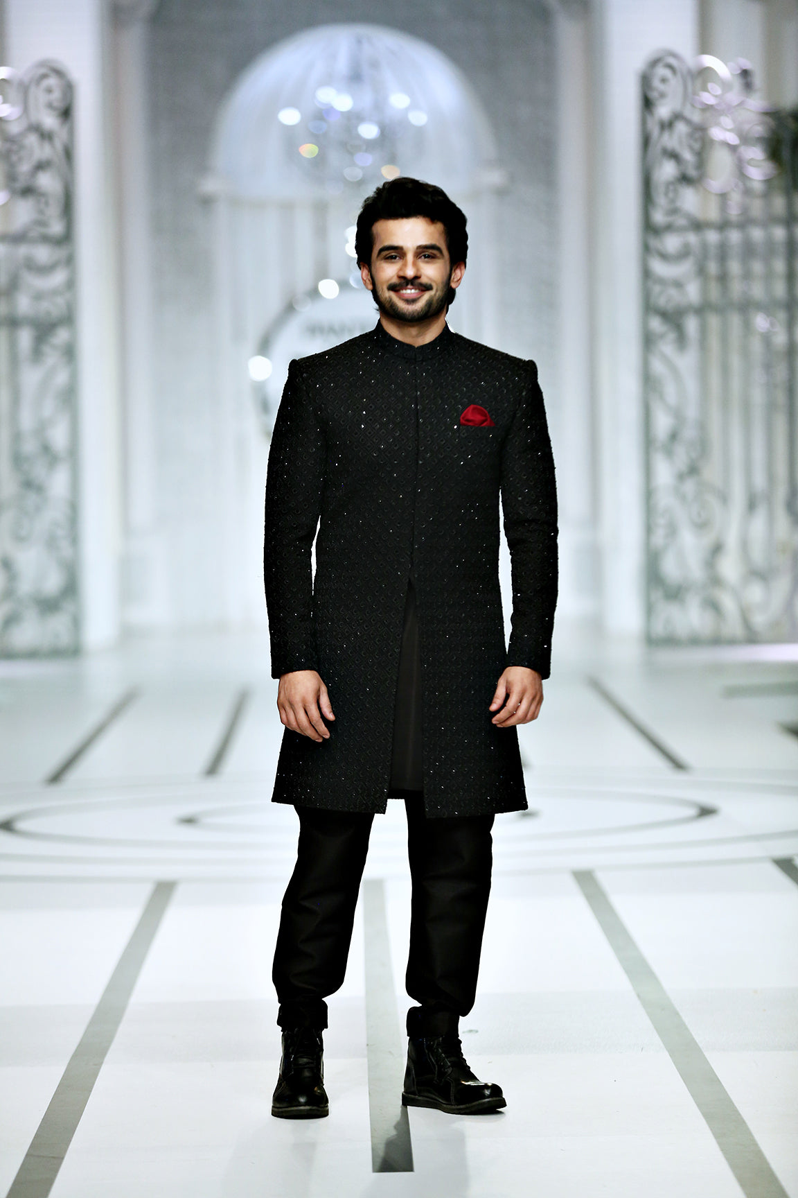 Black Embellished Silk-Blend Achkan Sherwani (2-Piece) - Image 1
