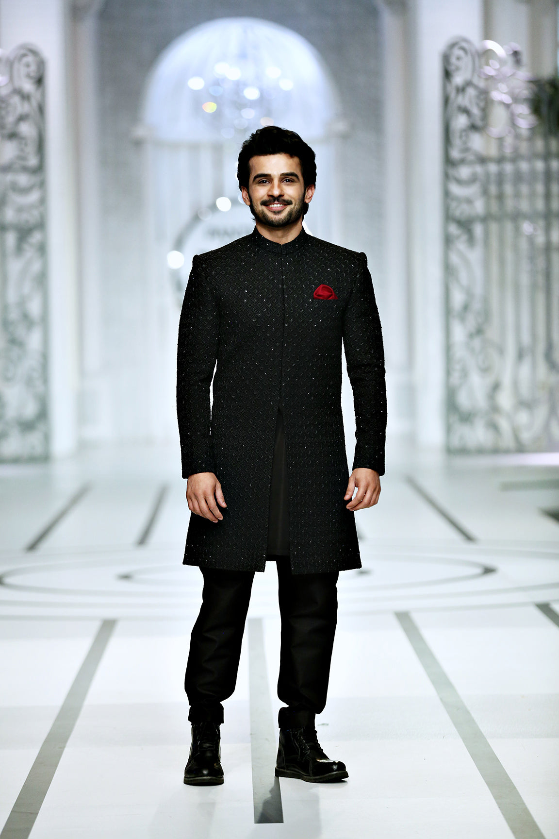 Black Embellished Silk-Blend Achkan Sherwani (2-Piece) - Image 2