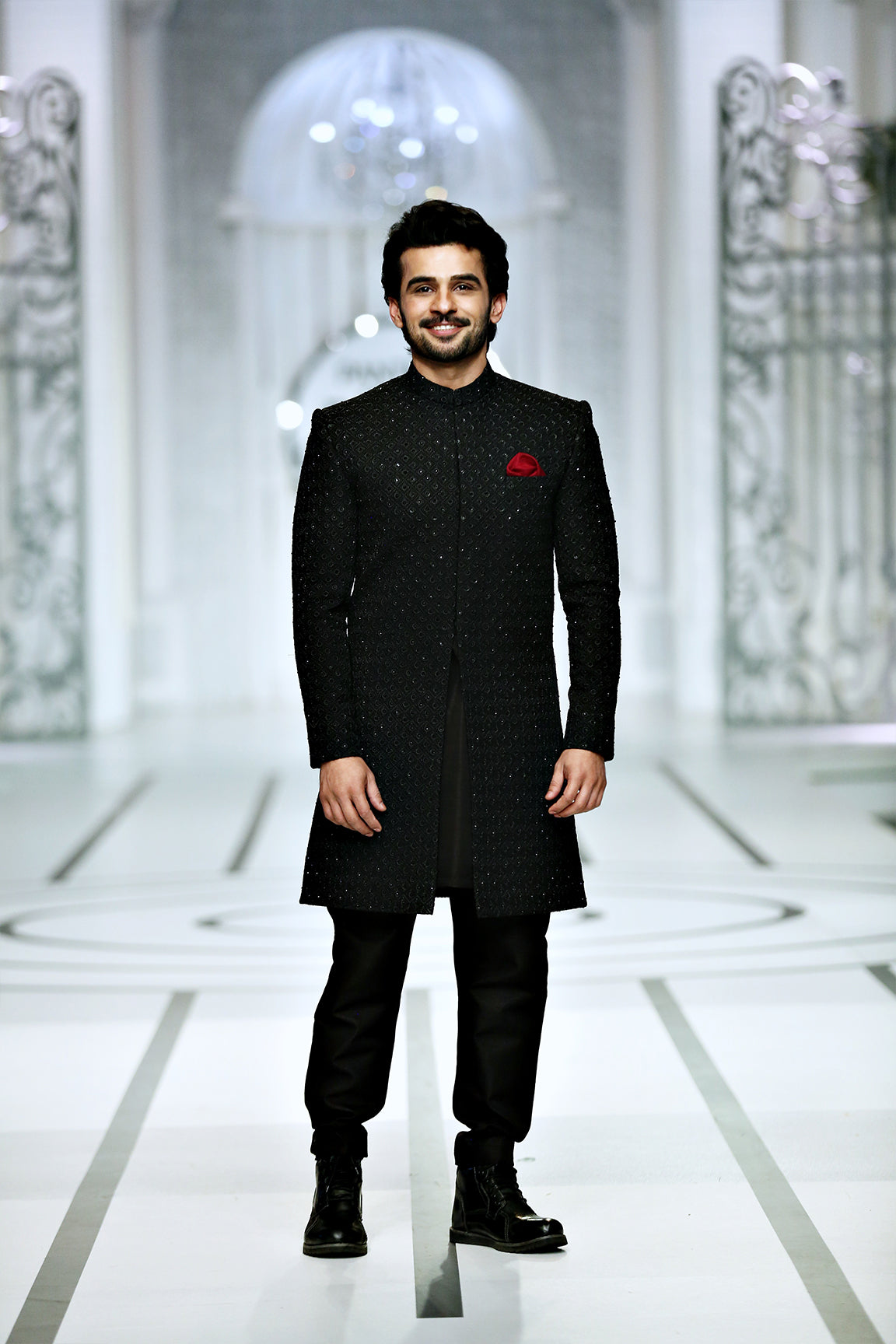 Black Embellished Silk-Blend Achkan Sherwani (2-Piece) - Image 4