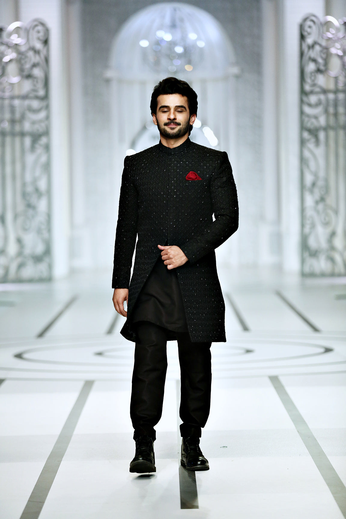 Black Embellished Silk-Blend Achkan Sherwani (2-Piece) - Image 5