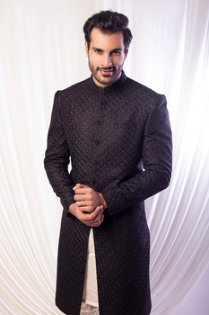 Black Embroidered Silk-Blend Achkan Sherwani (2-Piece) - Image 2