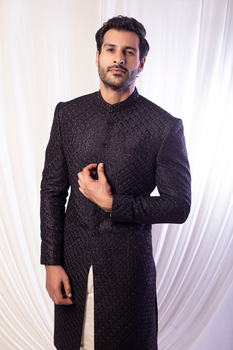 Black Embroidered Silk-Blend Achkan Sherwani (2-Piece) - Image 3