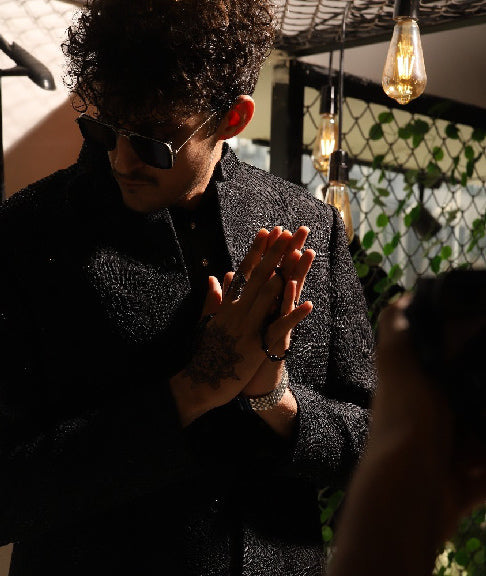 Black Sundi Weave Silk-Blend Achkan Sherwani (2-Piece) - Image 1