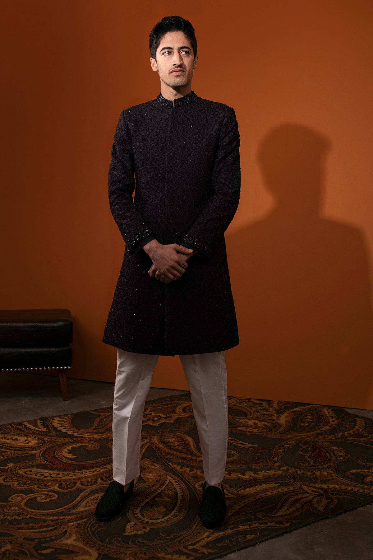 Black Embellished Silk-Blend Sherwani (2-Piece) - Image 1