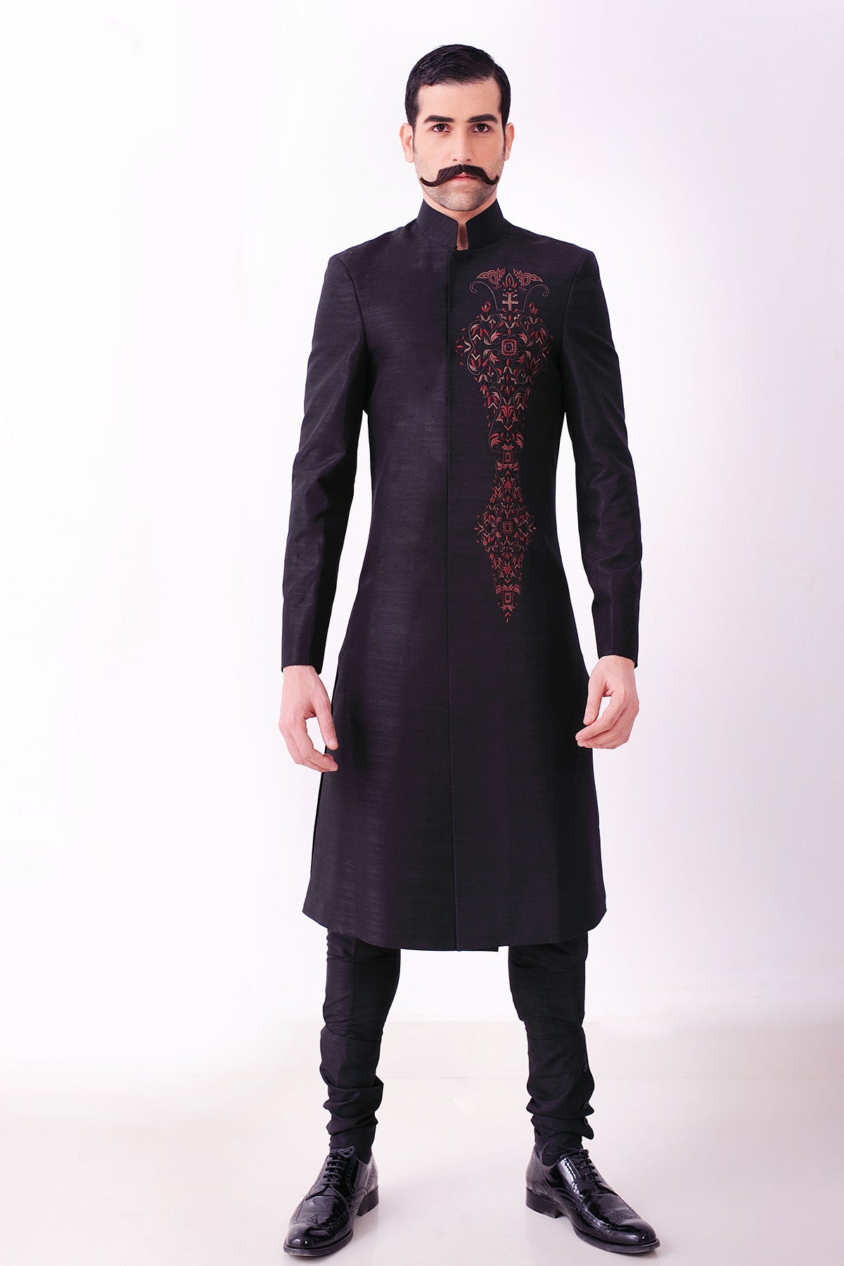 Black Red Embroidered Silk-Blend Sherwani (2-Piece) - Image 1