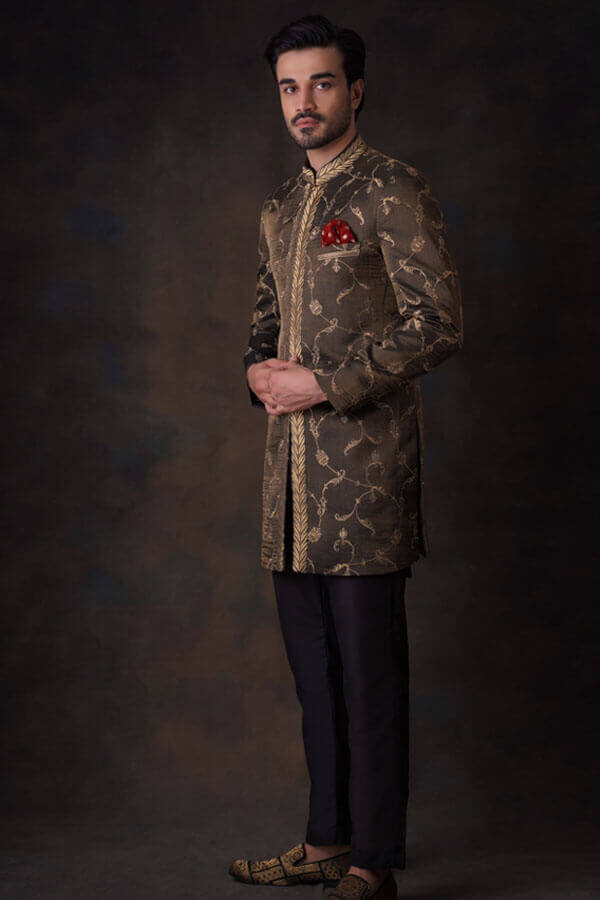 Black & Gold Embroidered Silk-Blend Achkan Sherwani (2-Piece) - Image 1