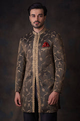 Black & Gold Embroidered Silk-Blend Achkan Sherwani (2-Piece) - Image 3