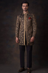 Black & Gold Embroidered Silk-Blend Achkan Sherwani (2-Piece) - Image 4