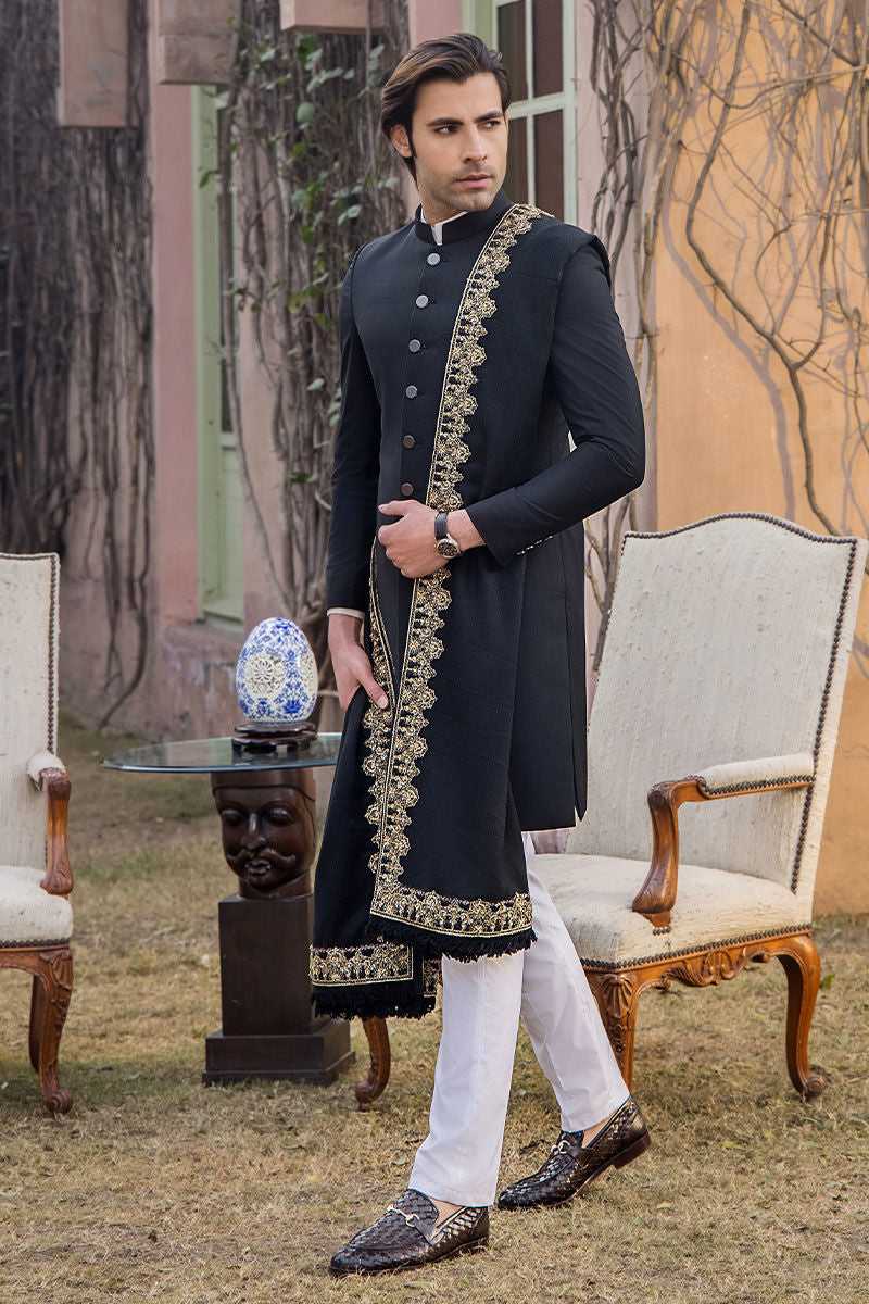 Jet Black Gold Embroidered Tropical Silk Sherwani (3-Piece) - Image 1