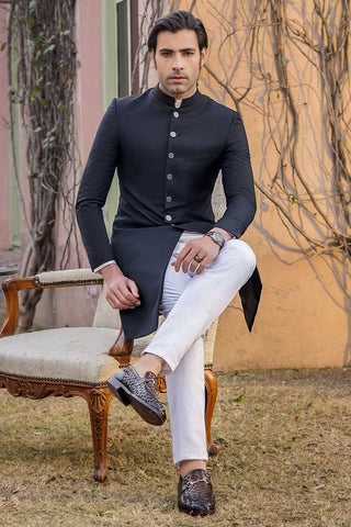 Jet Black Gold Embroidered Tropical Silk Sherwani (3-Piece) - Image 2