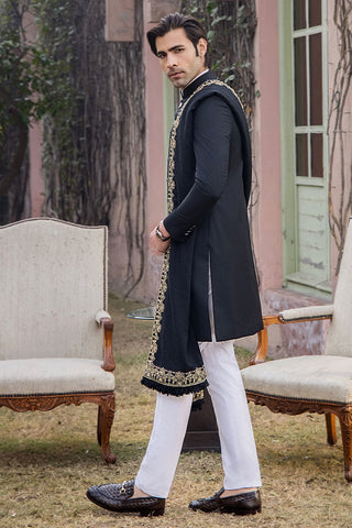 Jet Black Gold Embroidered Tropical Silk Sherwani (3-Piece) - Image 3