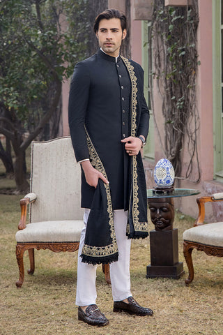 Jet Black Gold Embroidered Tropical Silk Sherwani (3-Piece) - Image 4