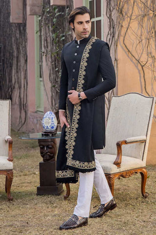 Jet Black Gold Embroidered Tropical Silk Sherwani (3-Piece) - Image 5