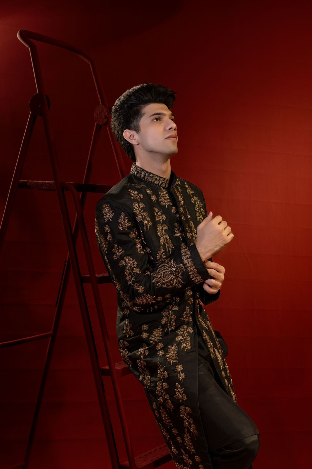 Black Copper Embroidered Silk Jamawar Sherwani (2-Piece) - Image 2