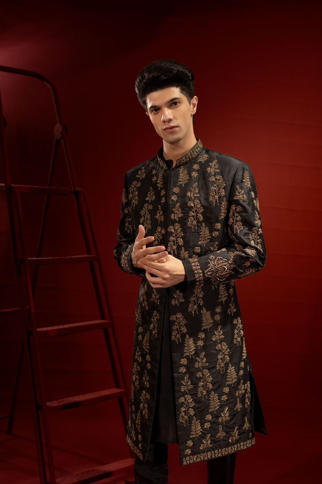 Black Copper Embroidered Silk Jamawar Sherwani (2-Piece) - Image 4