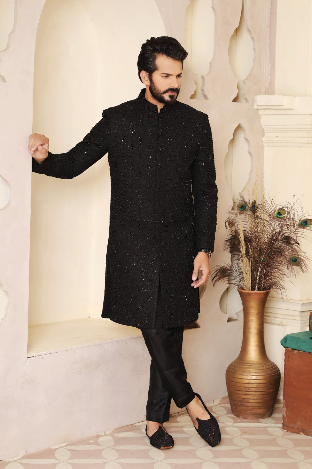 Black Ada Work Silk Achkan Sherwani (3-Piece) - Image 1