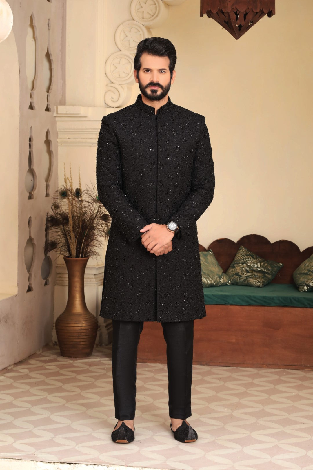 Black Ada Work Silk Achkan Sherwani (3-Piece) - Image 4