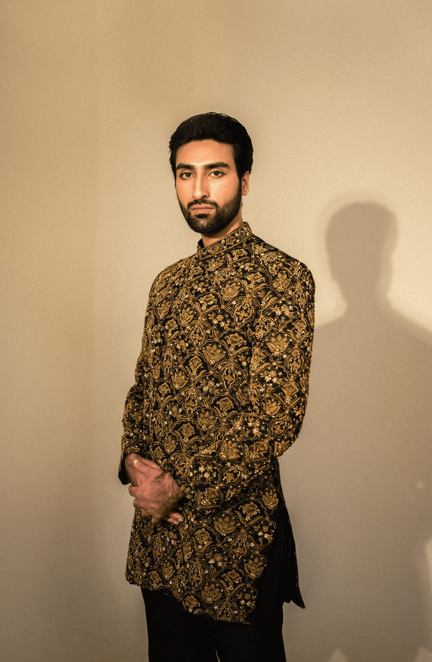 Black Embroidered Silk Achkan Sherwani (3-Piece) - Image 1