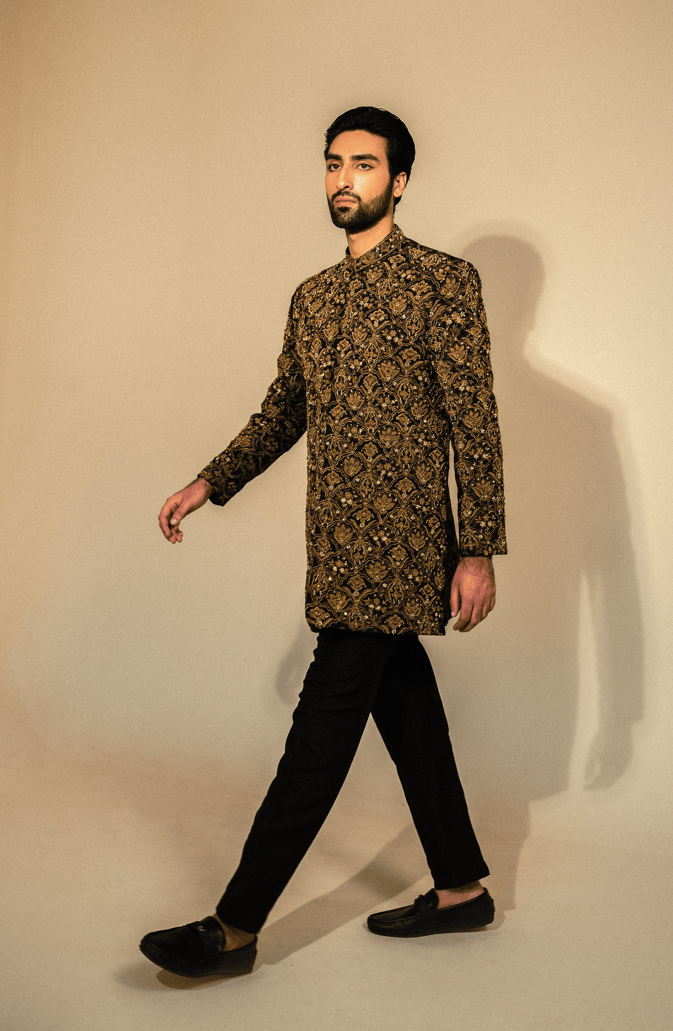 Black Embroidered Silk Achkan Sherwani (3-Piece) - Image 2