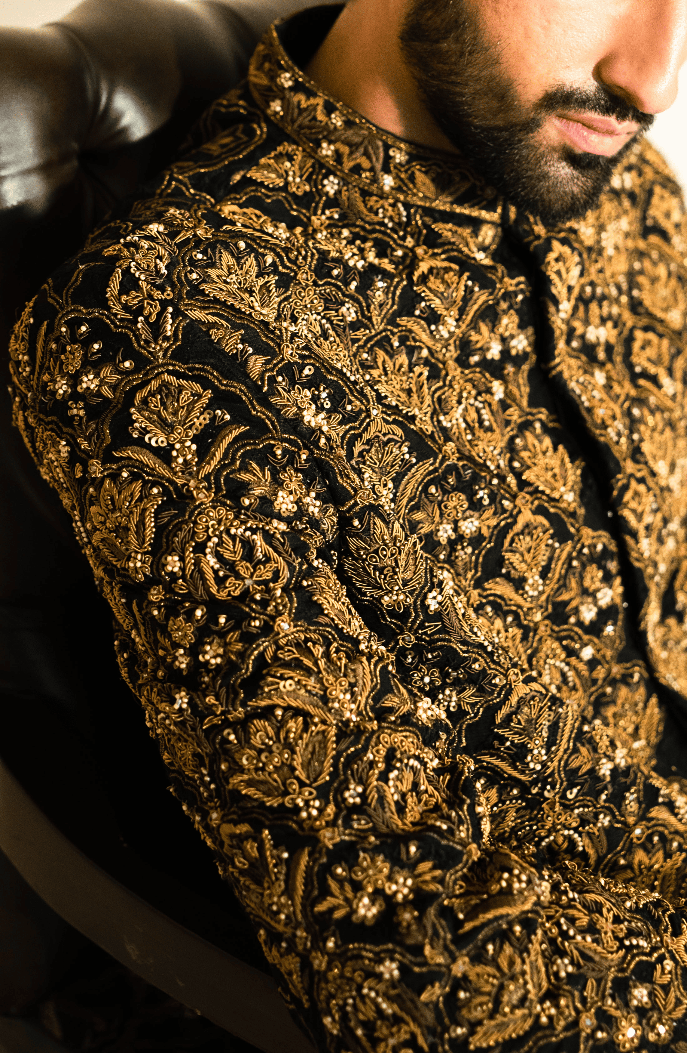 Black Embroidered Silk Achkan Sherwani (3-Piece) - Image 4