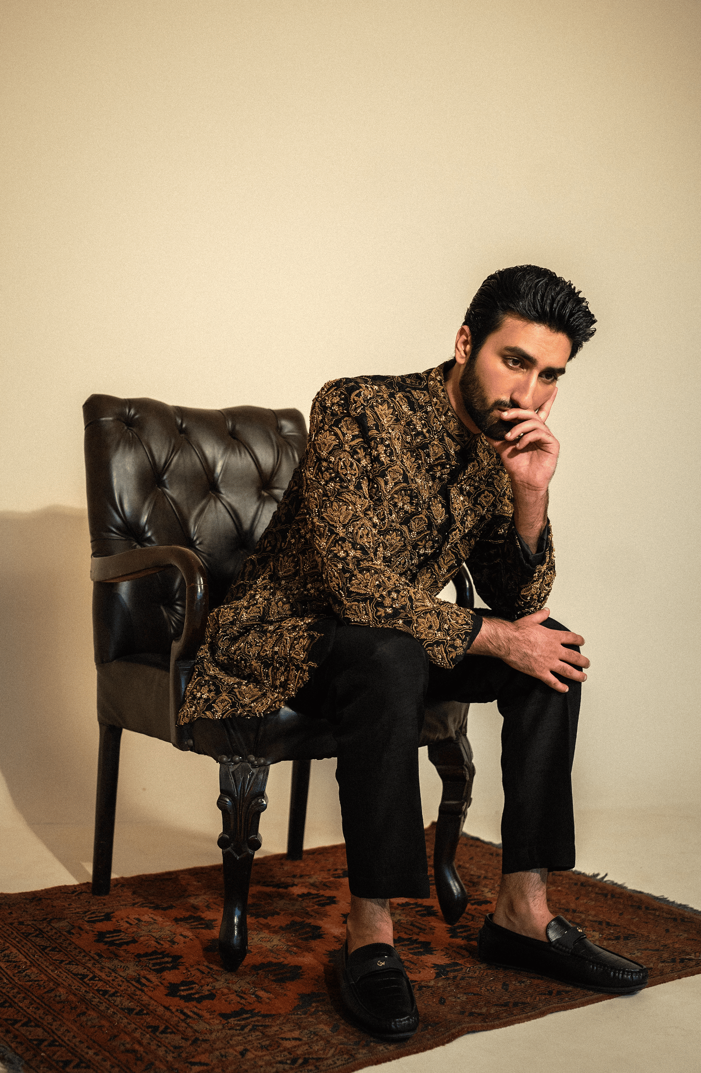 Black Embroidered Silk Achkan Sherwani (3-Piece) - Image 6