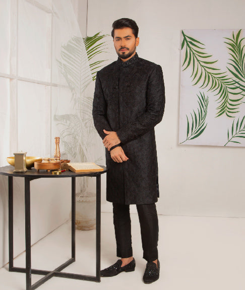 Black Embroidered Pure Silk Achkan Sherwani (2-Piece) - Image 1