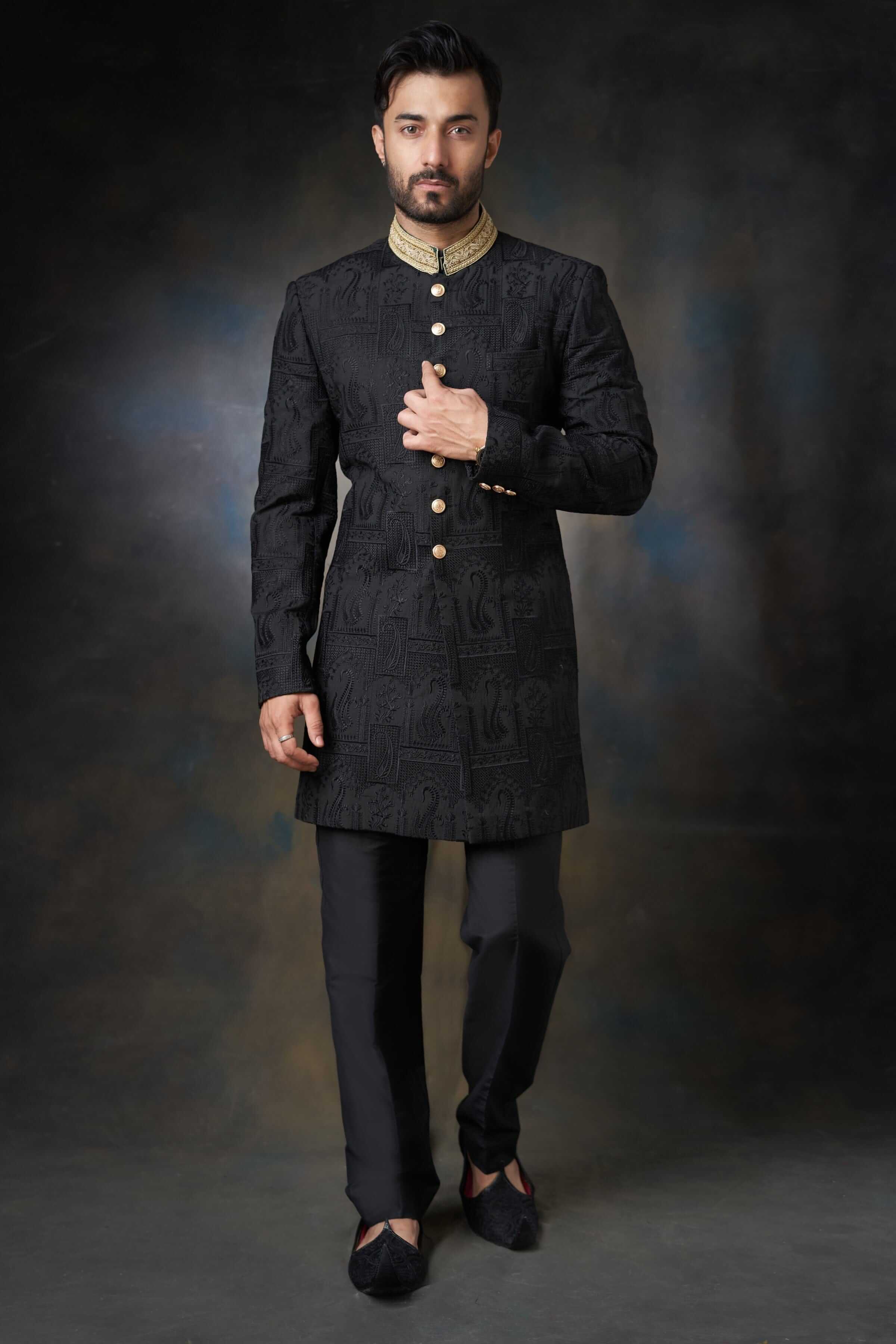 Black Embroidered Silk Achkan Sherwani (2-Piece) - Image 1