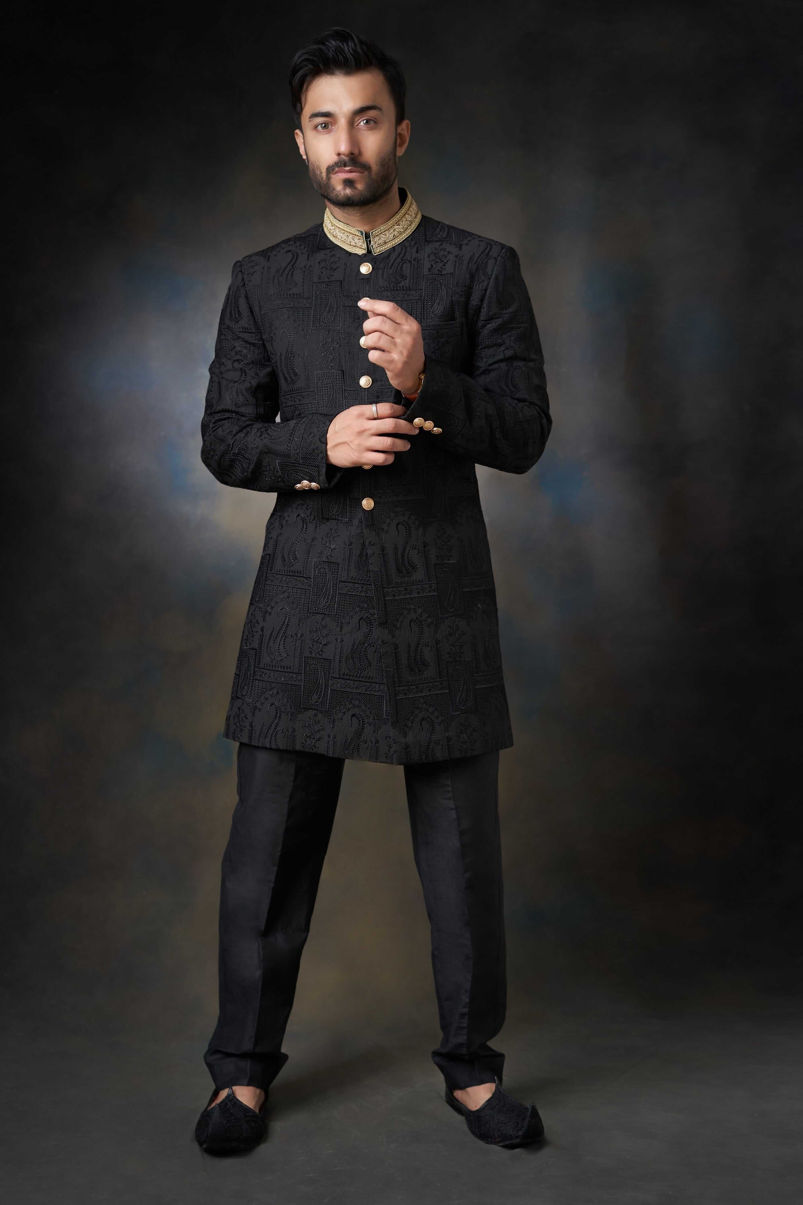 Black Embroidered Silk Achkan Sherwani (2-Piece) - Image 2