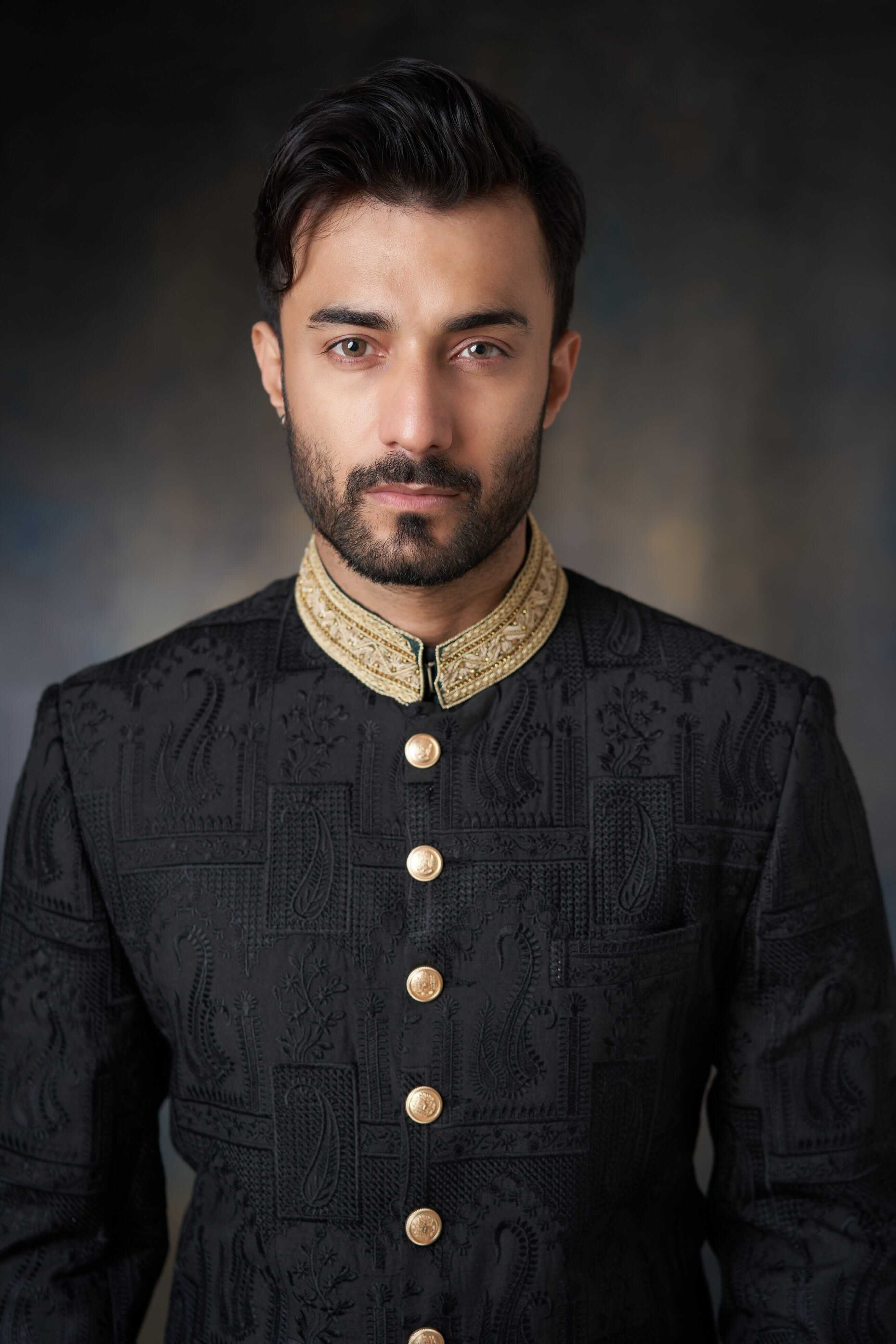Black Embroidered Silk Achkan Sherwani (2-Piece) - Image 3