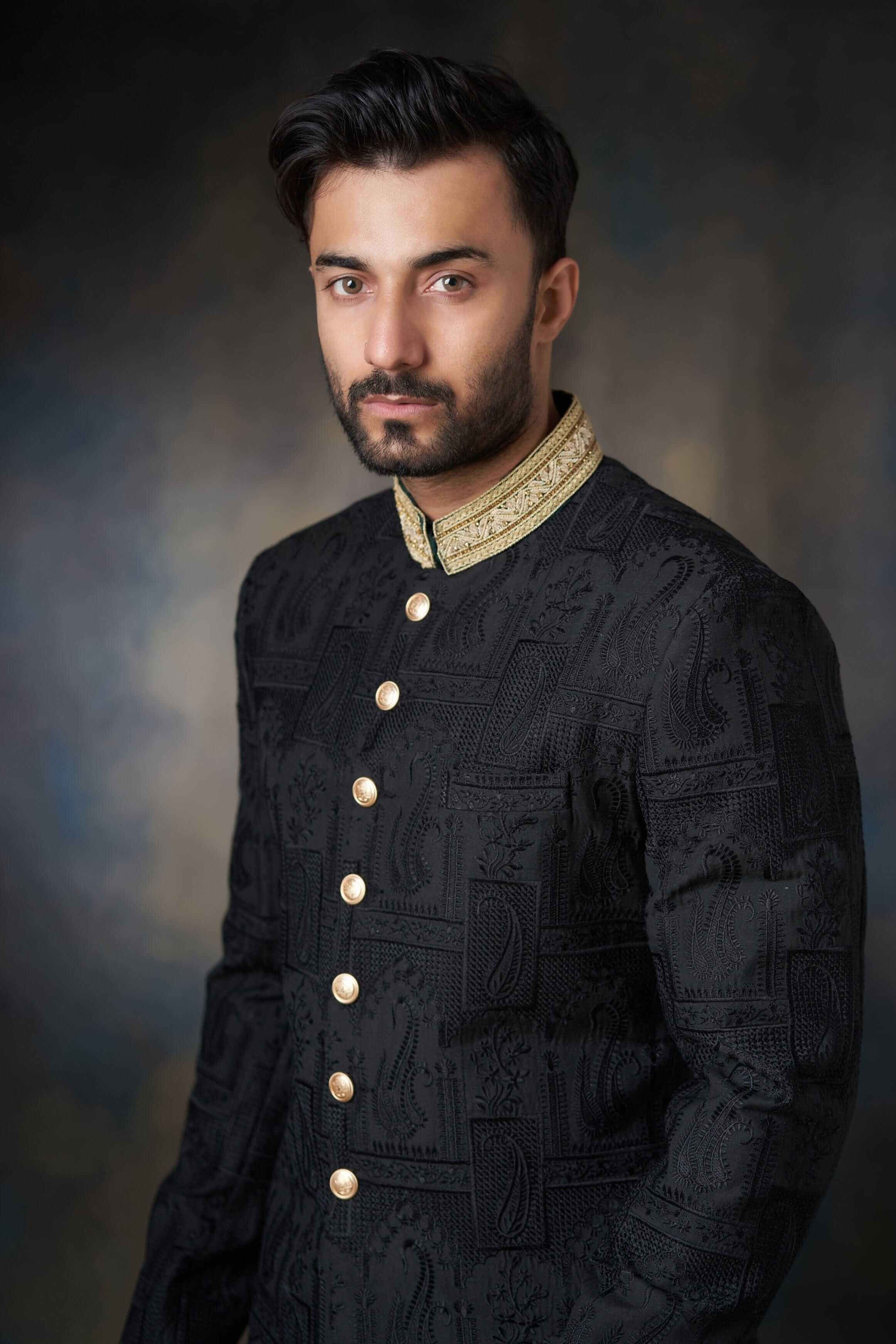 Black Embroidered Silk Achkan Sherwani (2-Piece) - Image 4