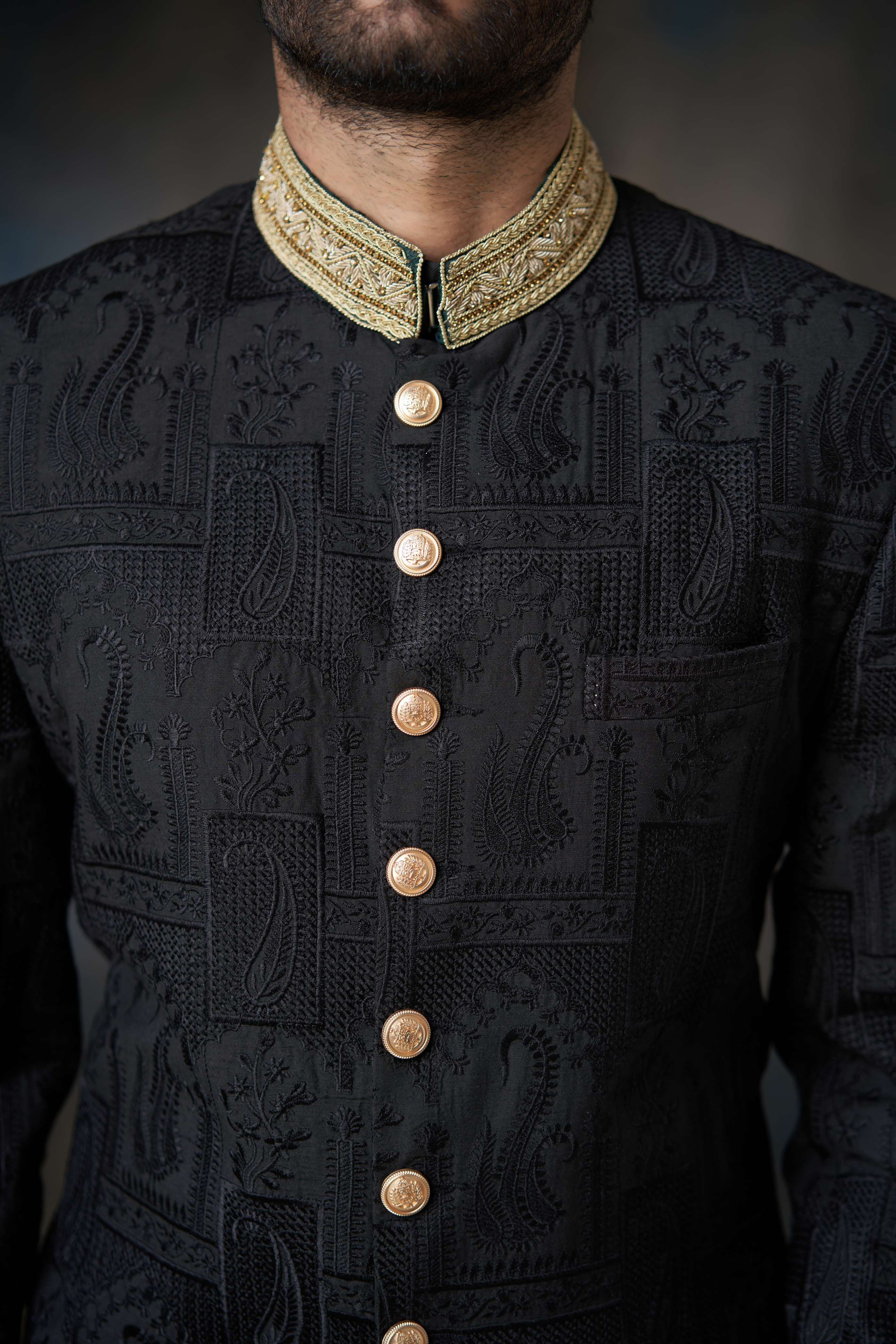 Black Embroidered Silk Achkan Sherwani (2-Piece) - Image 5