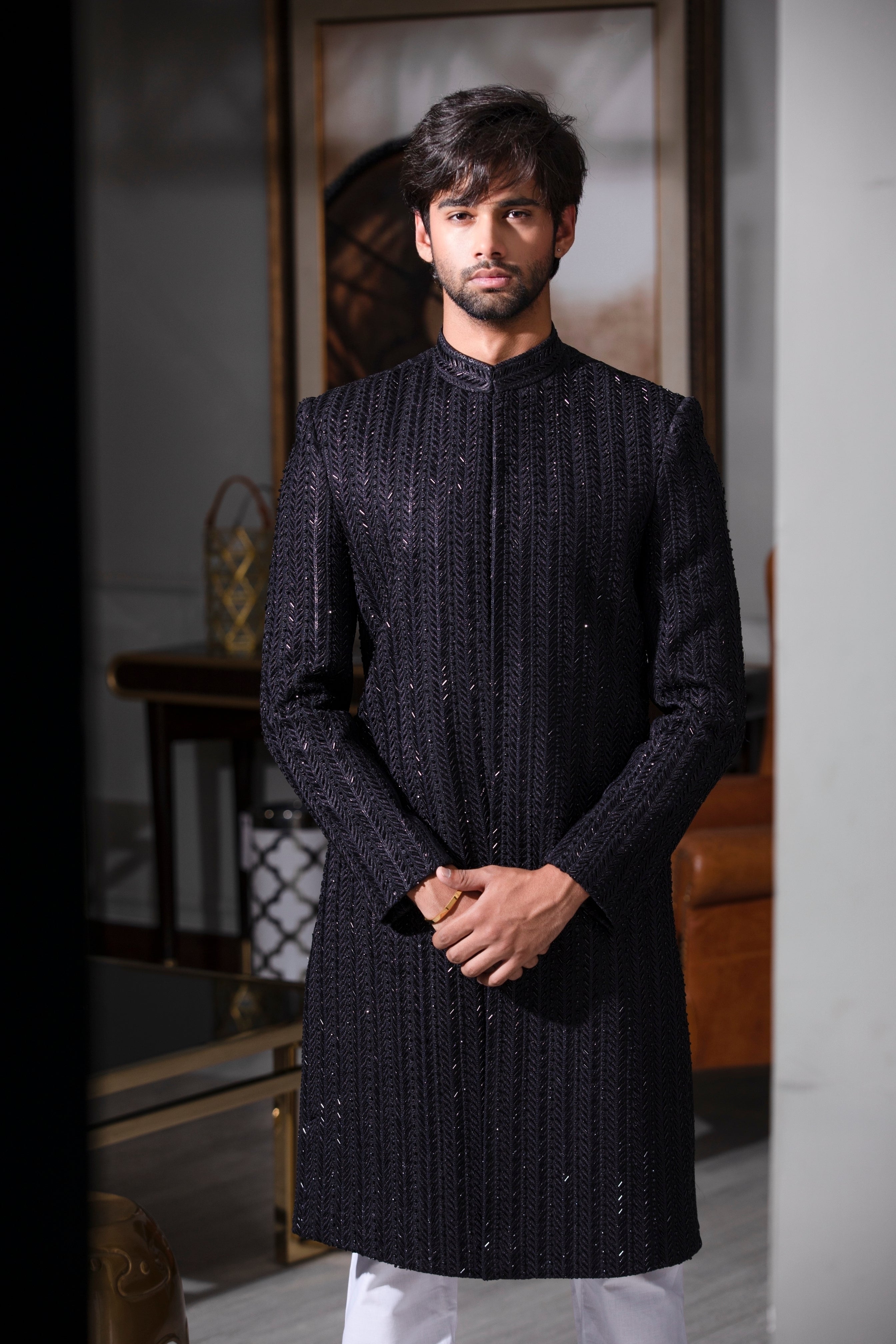Black Hand-Embroidered Silk-Blend Sherwani (2-Piece) - Image 1