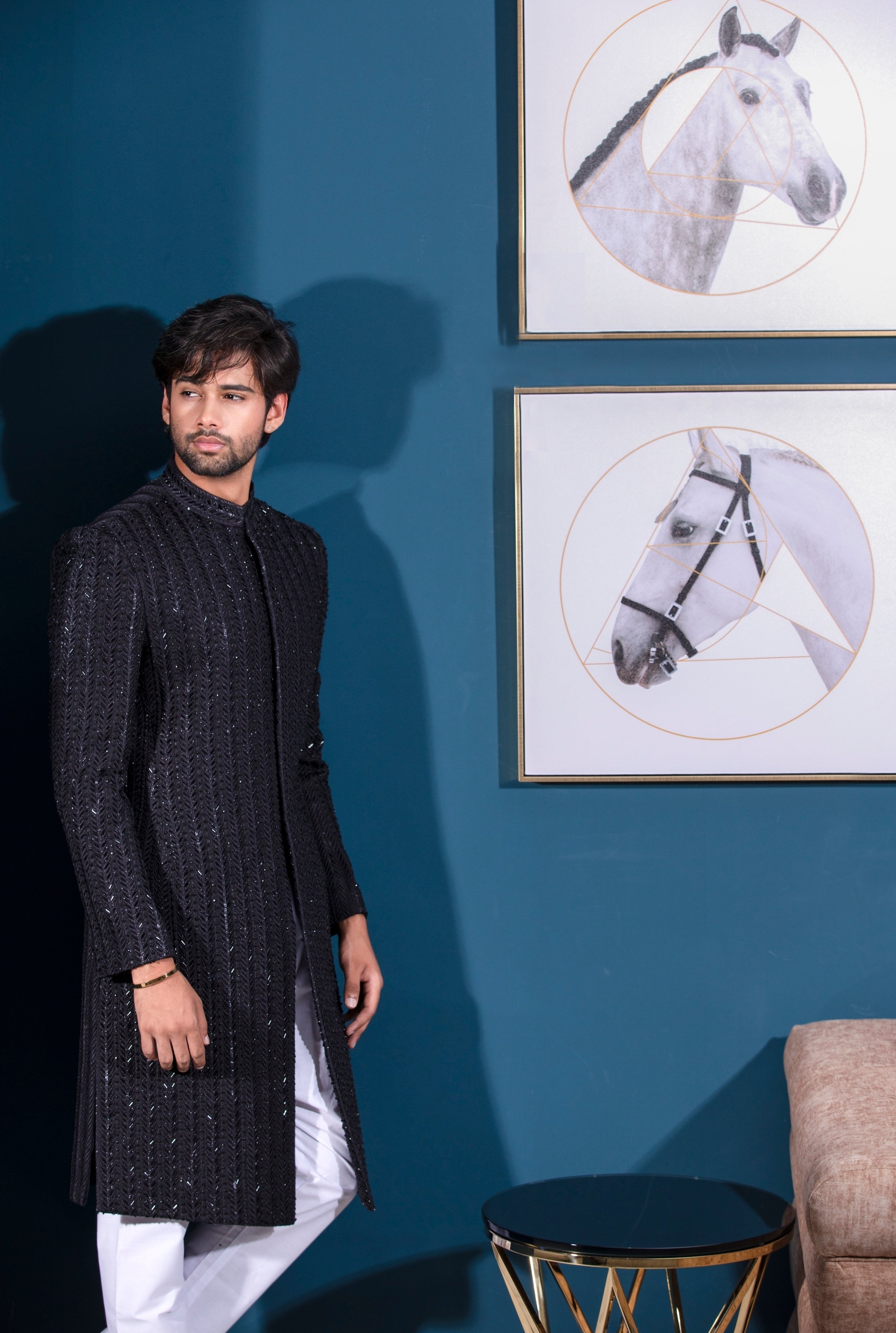 Black Hand-Embroidered Silk-Blend Sherwani (2-Piece) - Image 4