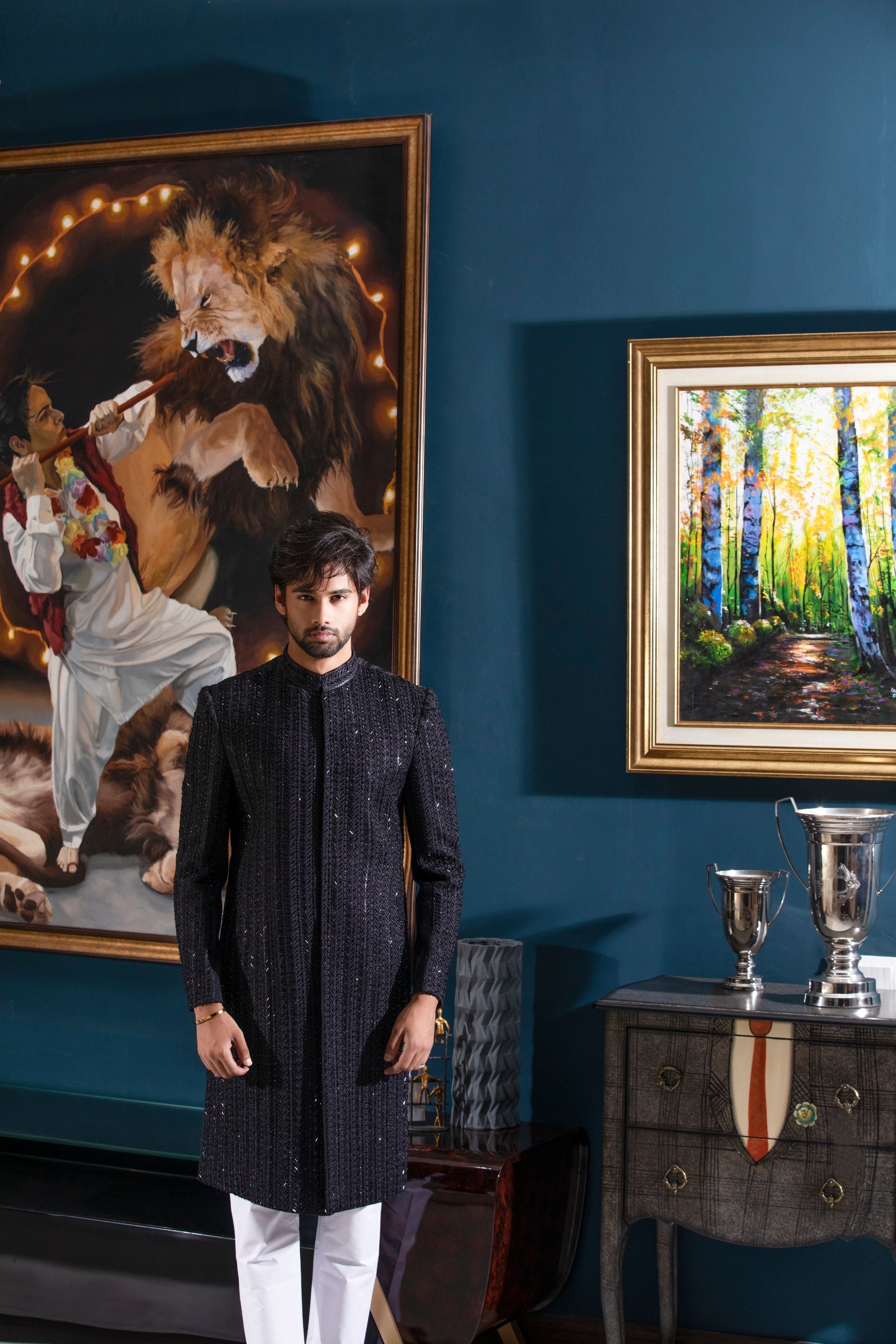 Black Hand-Embroidered Silk-Blend Sherwani (2-Piece) - Image 5