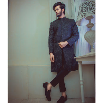 Black Sequinned Embroidered Sherwani (2-Piece) - Image 1