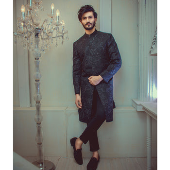 Black Sequinned Embroidered Sherwani (2-Piece) - Image 2