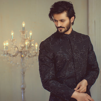 Black Sequinned Embroidered Sherwani (2-Piece) - Image 3
