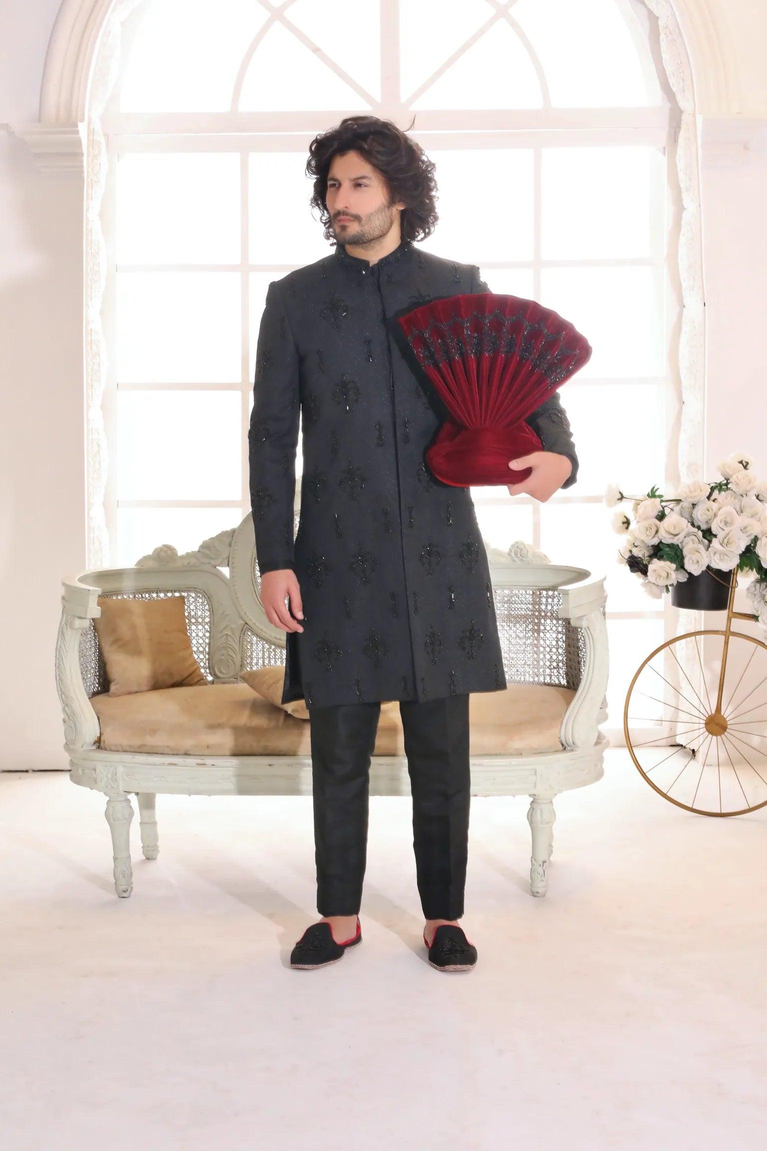 Black Adda Work Shiny Suiting Achkan Sherwani (3-Piece) - Image 1