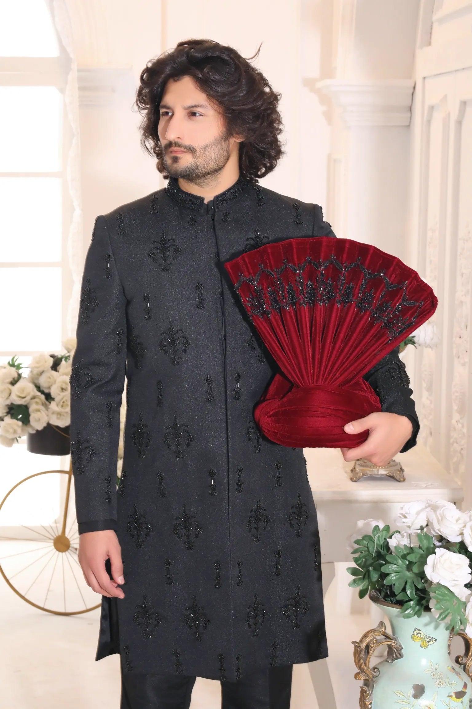 Black Adda Work Shiny Suiting Achkan Sherwani (3-Piece) - Image 2