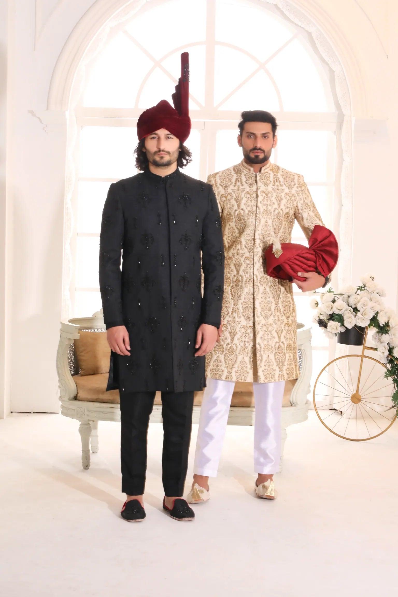 Black Adda Work Shiny Suiting Achkan Sherwani (3-Piece) - Image 3