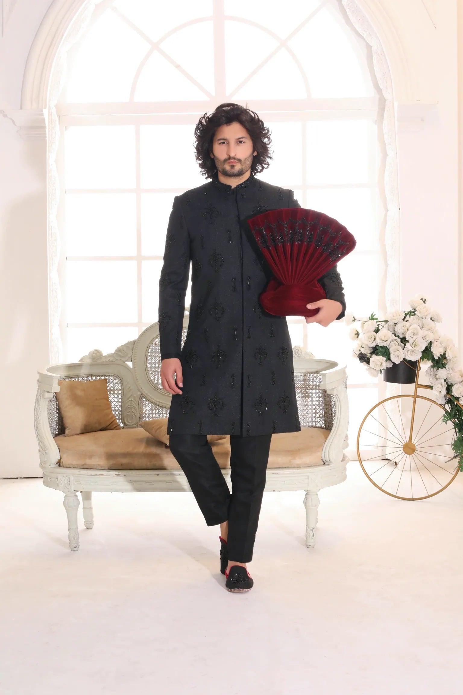 Black Adda Work Shiny Suiting Achkan Sherwani (3-Piece) - Image 4