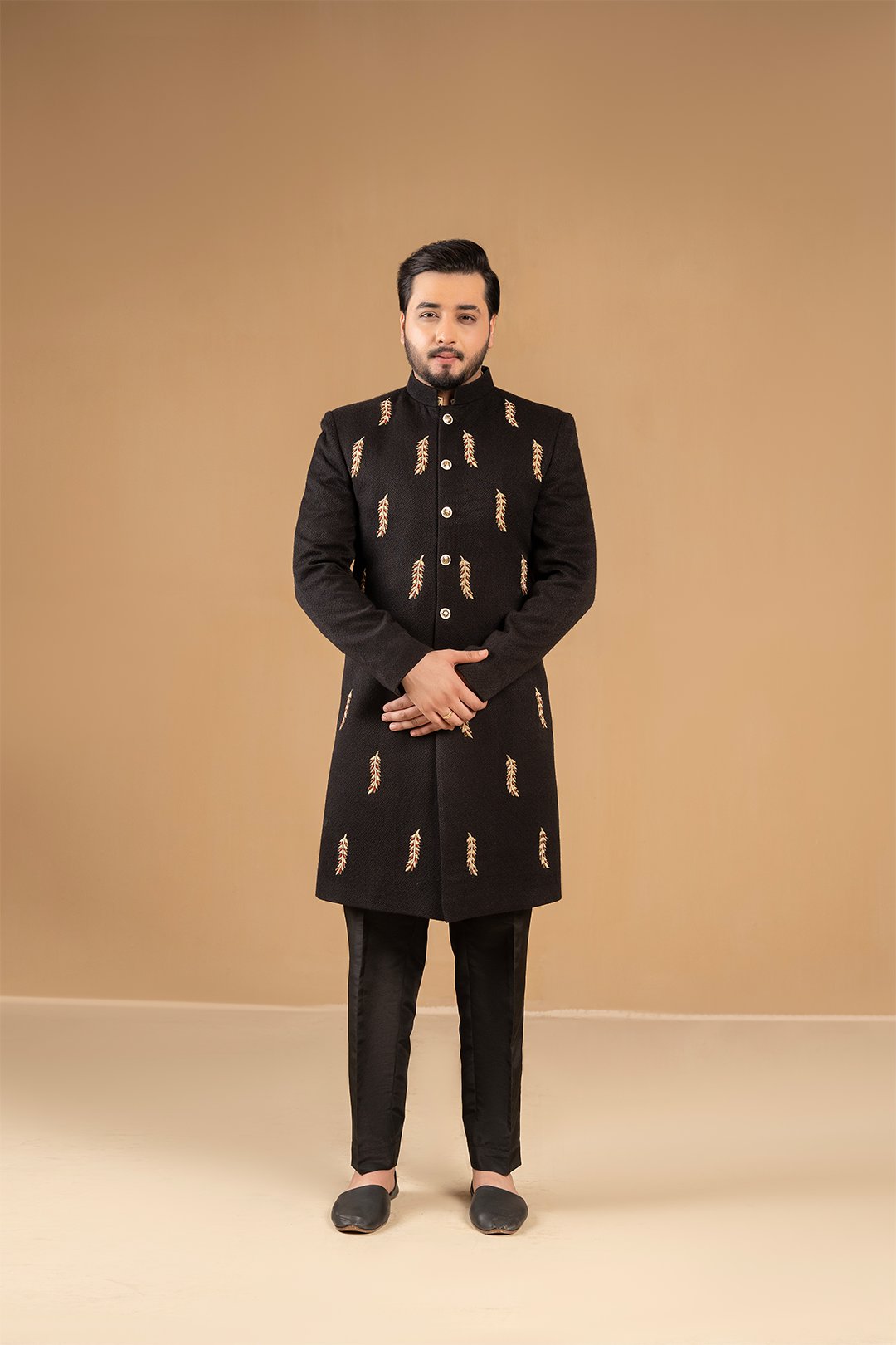 Black Adda Work Suiting Fabric Sherwani (2-Piece) - Image 1