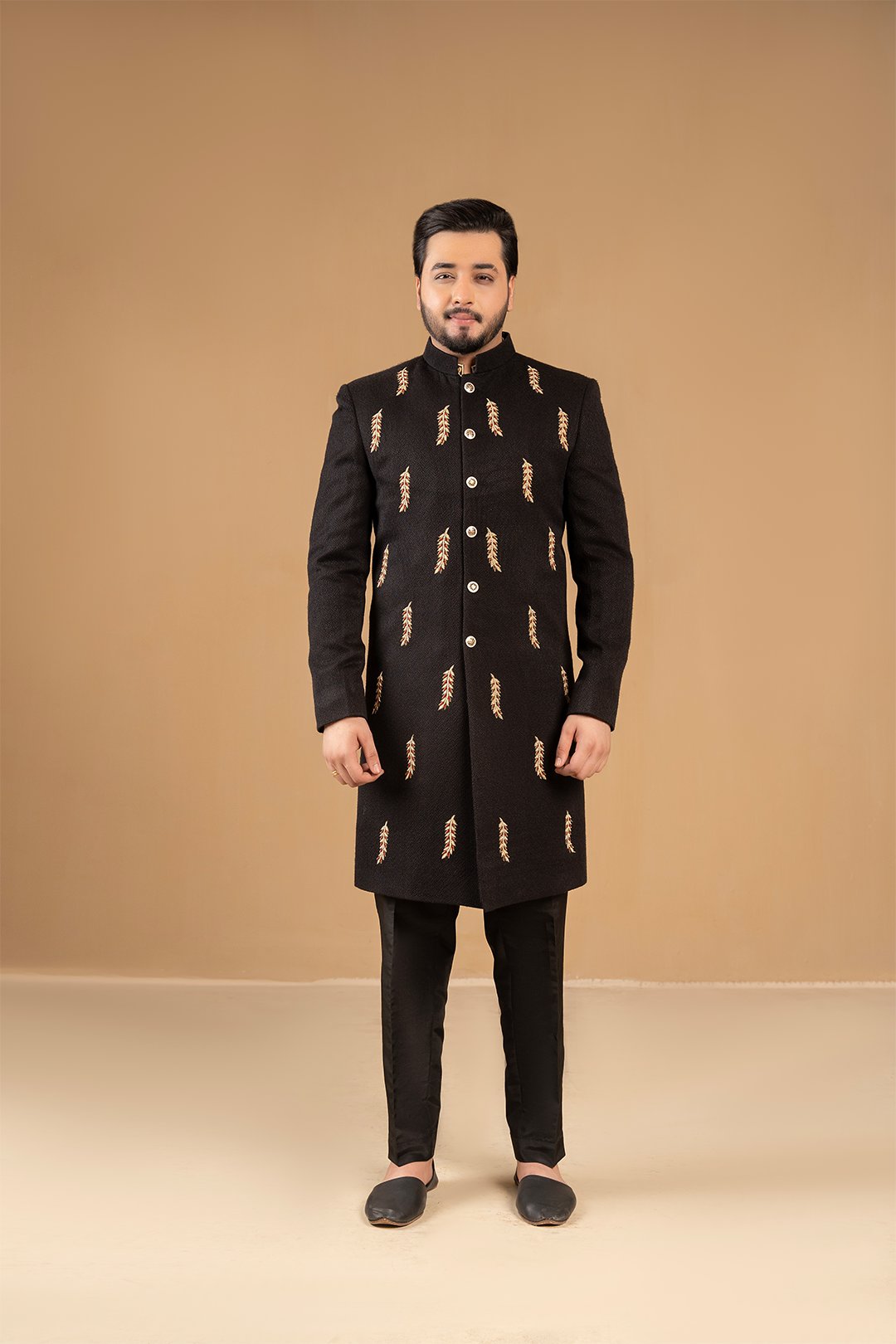 Black Adda Work Suiting Fabric Sherwani (2-Piece) - Image 2