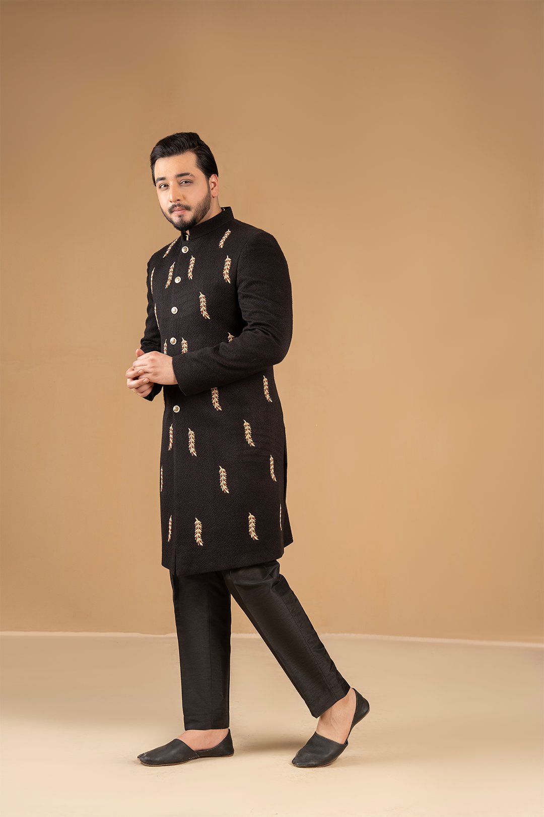 Black Adda Work Suiting Fabric Sherwani (2-Piece) - Image 3